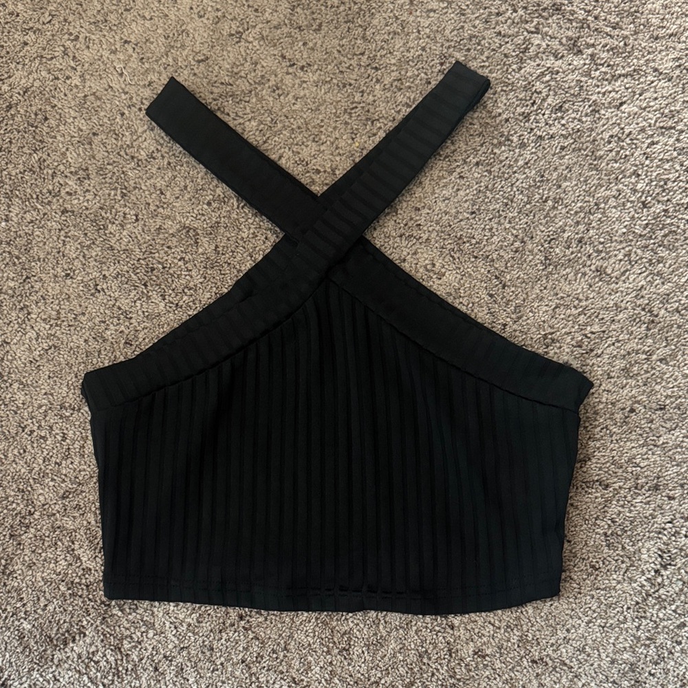 Black Ribbed Cross-Strap Top